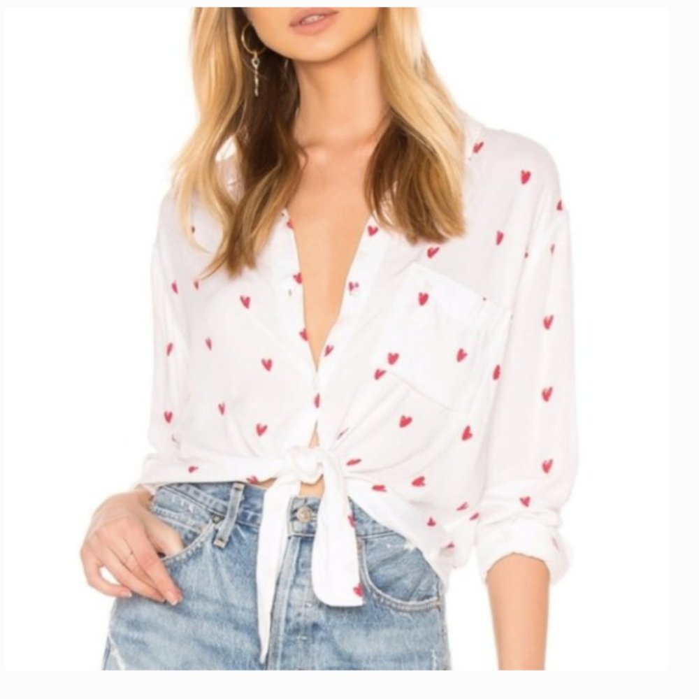 Rails White Button-Down Shirt with Red Heart Print